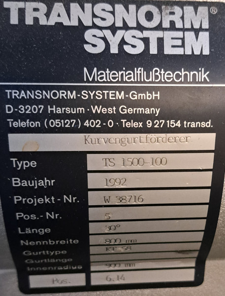 Transnorm Gurtkurvenförderer Gurtkurve 30°-800-700 IR900 rechts