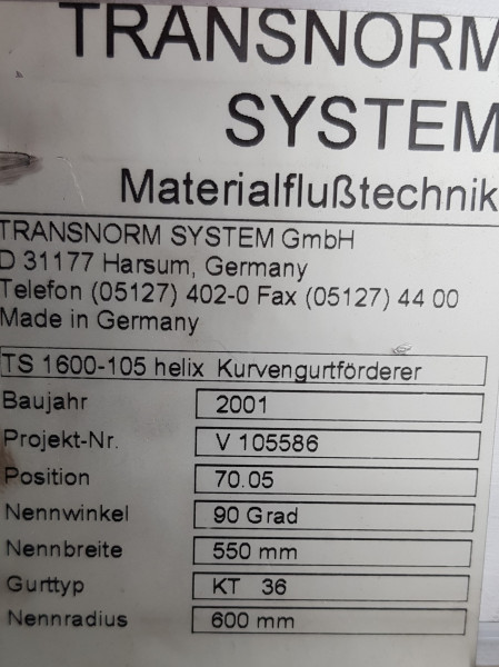 Transnorm spiral helix belt curve conveyor right 90°-750-550 IR600