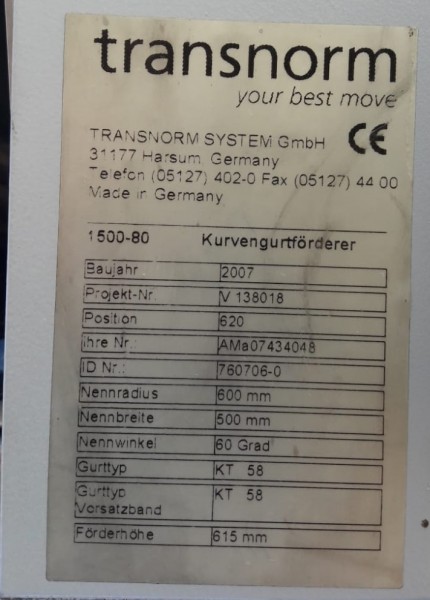 Transnorm Gurtkurvenförderer 500 IR600 Gurtkurve 60° rechts