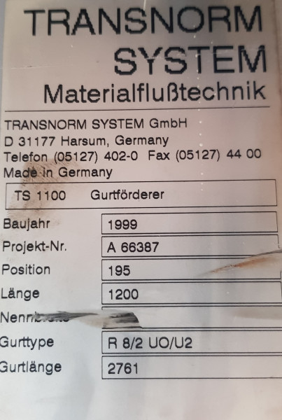 Transnorm Gurtförderer Gurtband Förderband 1200-600-500 optional verlängerbar