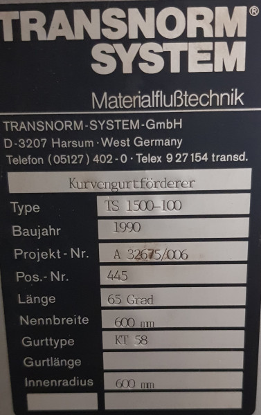Transnorm Gurtkurvenförderer links 65°-780-600-IR600