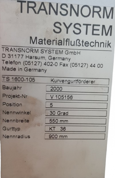 Transnorm belt curve conveyor left GKF 30°-750-550 IR900