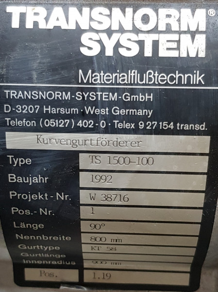 Transnorm Gurtkurve Förderer links 90°-1000-800-IR900