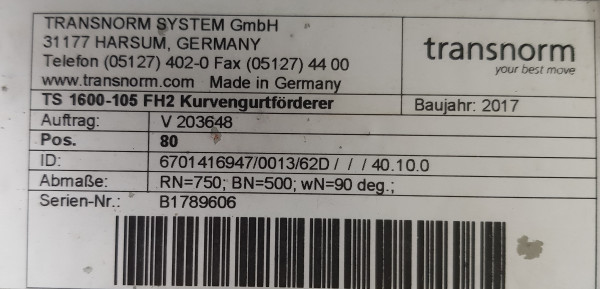 Transnorm Gurtkurve Förderer links 90°-700-500-IR750 - NEU mit LAGERSPUREN (ROST)