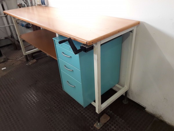 Arbeitstisch Packtisch Werkbank höhenverstellbar mit Holzplatte und Schubkastencontainer