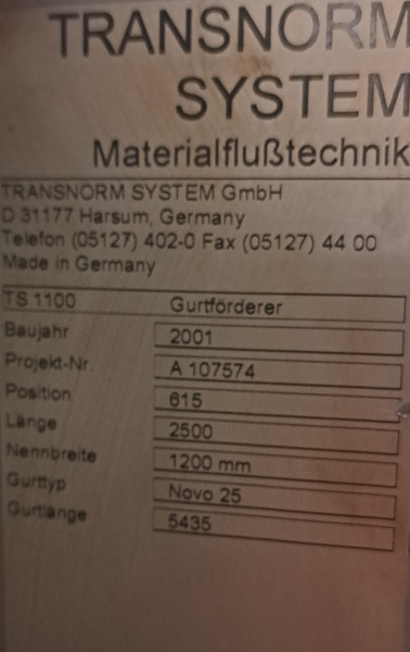 Transnorm modular conveyor with combiner conveyor belt GF 2500-1300-1200