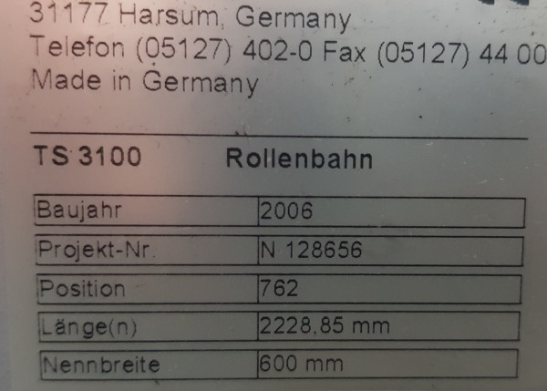 Transnorm roller conveyor 2229-660-600 with Brake