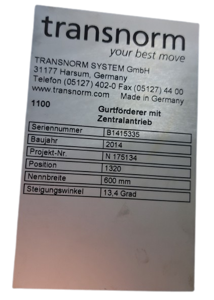 Transnorm Steigband Gefälleband Steigförderer mit Bogen und Vorlauf GF 12965-700-600