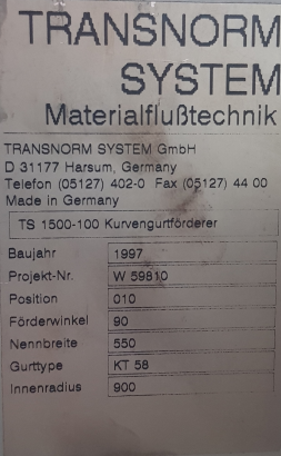 Transnorm curved belt conveyor left 90°-750-550-IR900