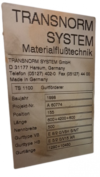 Transnorm Gurtförderer Gurtband Förderband GF 8500-600-500