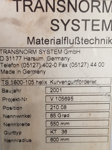 Transnorm spiral helix belt curve conveyor left GKF 85°-775-550 IR600