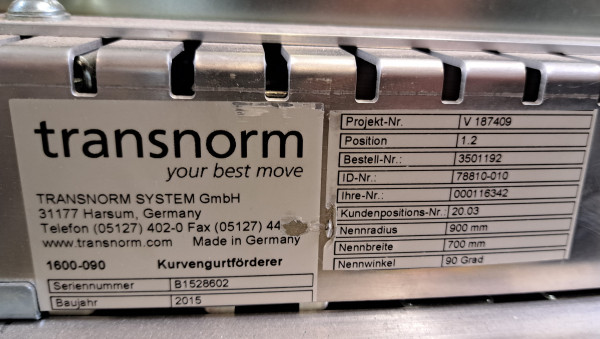 Transnorm Gurtkurvenförderer Gurtkurve 90°-800-700 IR900 links