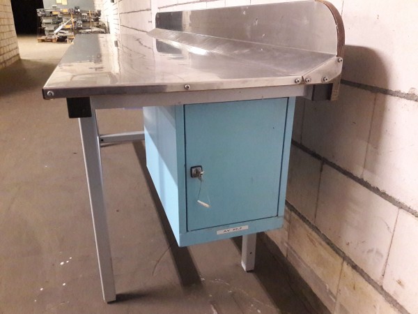 Work table packing table workbench with stainless steel top, rear upstand, 2x lockable containers