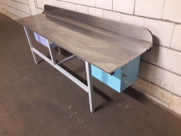 Work table packing table workbench with stainless steel top, rear upstand, 2x lockable containers