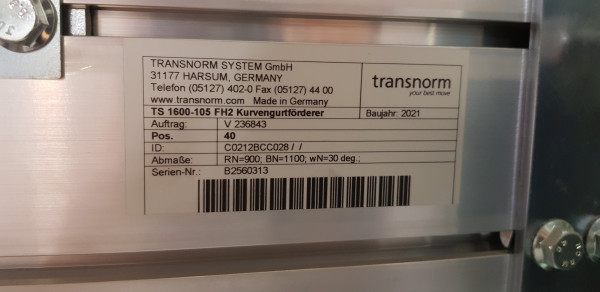 Transnorm curved belt conveyor right 30°-1270-1100-IR900