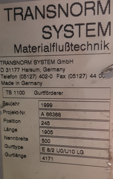 Transnorm Belt conveyor belt conveyor belt 1905-600-500 optionally extendable