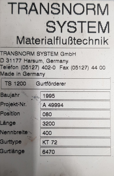 Transnorm Gurtförderer Gurtband Förderband 3200-500-400 TS 1200