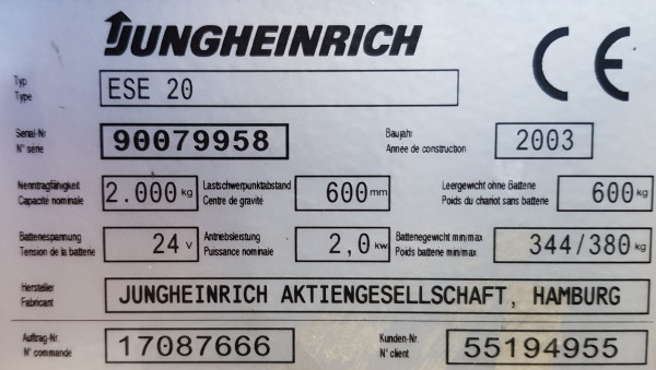 Jungheinrich ESE 20 high-speed electric pallet jack truck