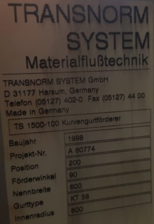 Transnorm curved belt conveyor left 90°-800-600-IR600