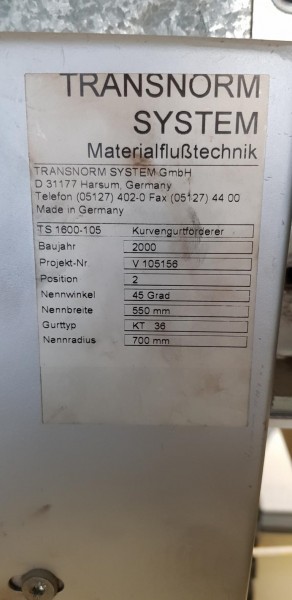 Transnorm Gurtkurvenförderer links GKF 45°-750-550 IR700