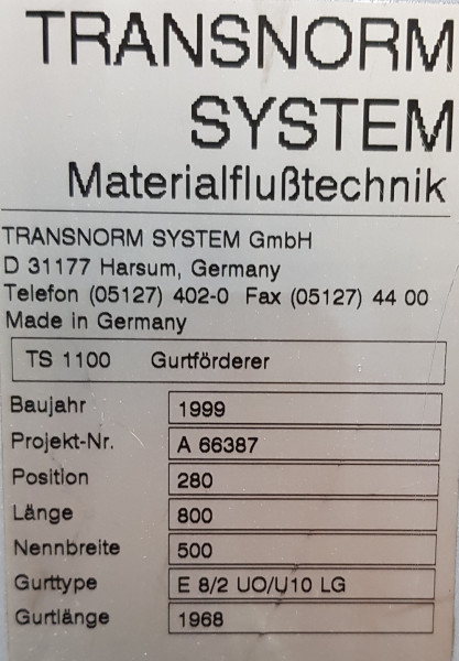 Transnorm Gurtförderer Gurtband Förderband 800-600-500 optional verlängerbar