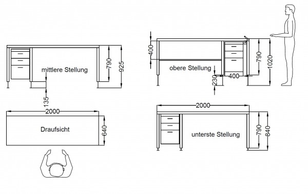 Arbeitstisch Packtisch Werkbank höhenverstellbar mit Holzplatte und Schubkastencontainer