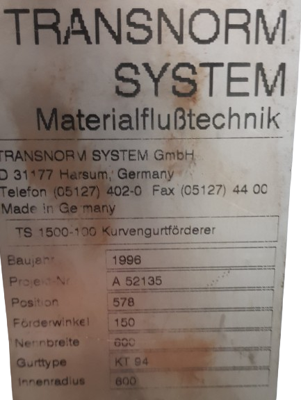 Transnorm curved belt conveyor right 150°-780-600-IR600