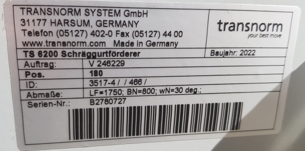 Transnorm angled-belt conveyor 30° 1750-1000-800