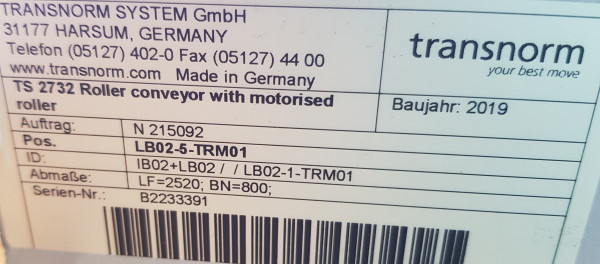 Transnorm accumulation roller conveyor 24V 2520-880-800