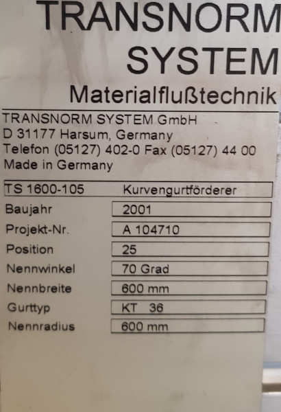 Transnorm Gurtkurvenförderer links GKF 70°-770-600 IR600