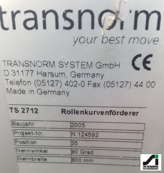 Transnorm curved roller conveyor driven 90°-680-600 IR800