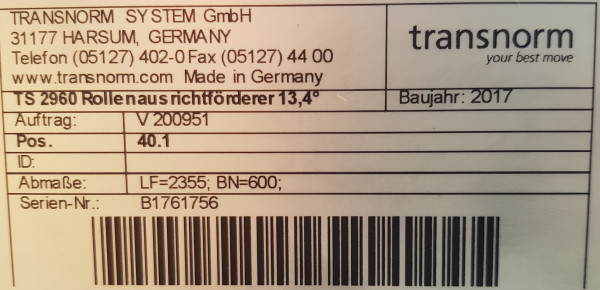 Transnorm Ausrichtförderer Schrägrollenbahn Schrägförderer 2355-980-640