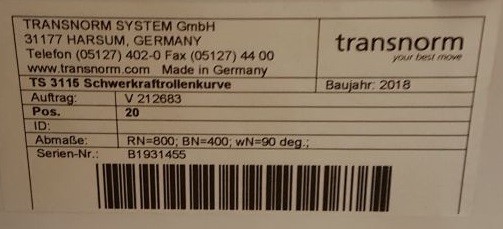 Transnorm Gravity roller curve roller 400 IR800 TS 3115