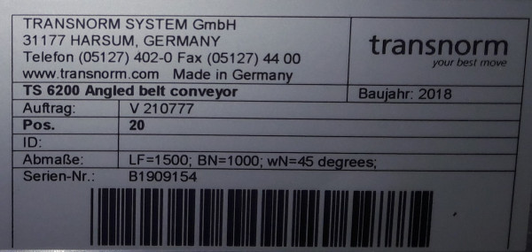 Transnorm angled-belt conveyor 45° 1500-1250-1200