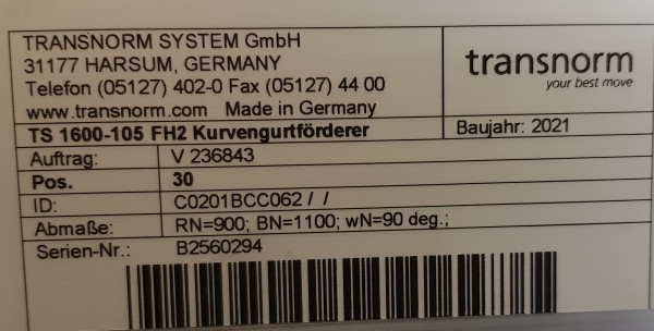 Transnorm Gurtkurve Förderer rechts 90°-1300-1100-IR900 - NEU