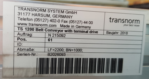 Transnorm Gurtförderer Förderband 2200-1120-1000