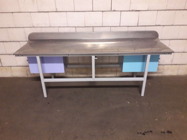 Work table packing table workbench with stainless steel top, rear upstand, 2x lockable containers