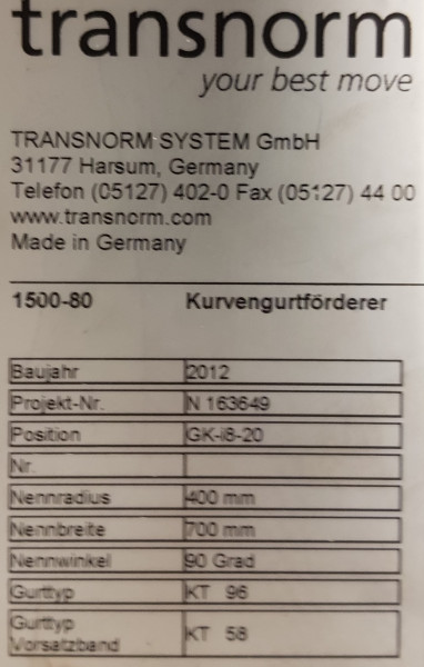 Transnorm Gurtkurve Förderer rechts 90°-885-700-IR400