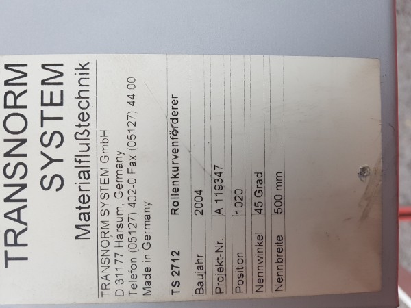 Transnorm curved roller conveyor left driven roller curve 45°-565-500 IR750