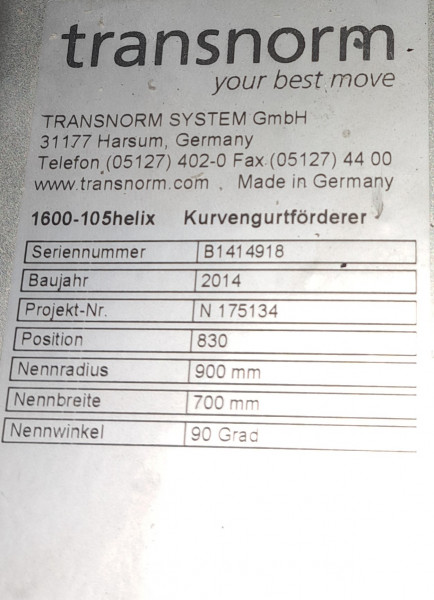 Transnorm Spiral Helix Gurtkurvenförderer links GKF 90°-800-700 IR900