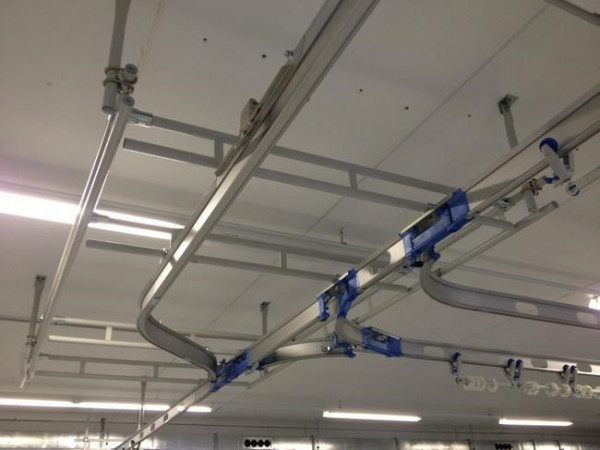 OMNIFLO overhead conveyor system linear guide transport Schönenberger Full system Hanging goods
