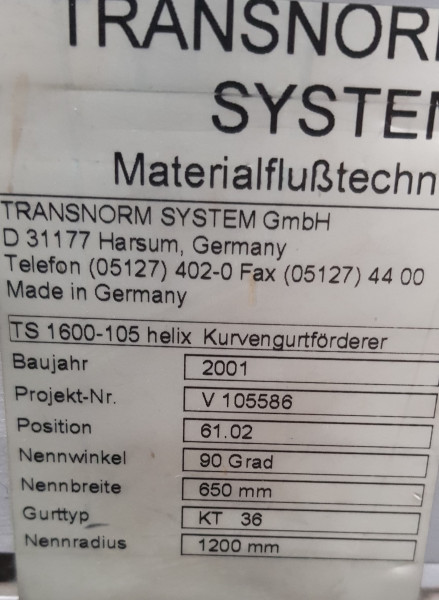 Transnorm spiral helix belt curve conveyor right 90°-750-650 IR1200