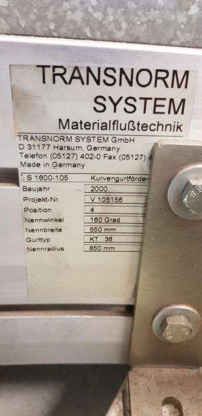 Transnorm Gurtkurvenförderer 160° rechts GKF 3900-750-550 IR850