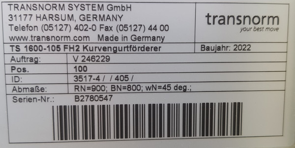Transnorm Gurtkurve Förderer links 45°-950-800-IR900 - NEU