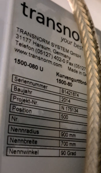 Transnorm Gurtkurvenförderer Gurtkurve 90°-800-700 IR900 links