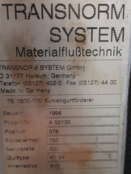 Transnorm Gurtkurvenförderer rechts 160°-780-600-IR600-Gurt defekt