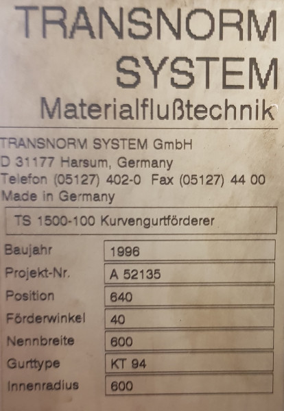 Transnorm curved belt conveyor 40° right bend 750-600 IR600