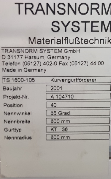Transnorm curved belt conveyor left 65°-780-600