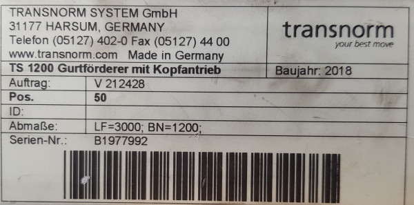 Transnorm Gurtförderer Förderband 3000-1310-1200