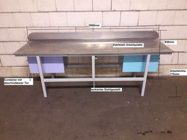 Work table packing table workbench with stainless steel top, rear upstand, 2x lockable containers